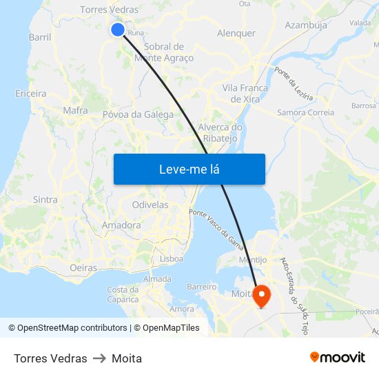 Torres Vedras to Moita map