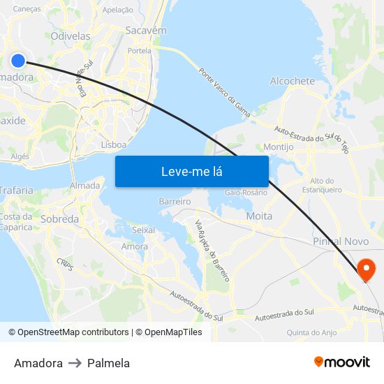 Amadora to Palmela map