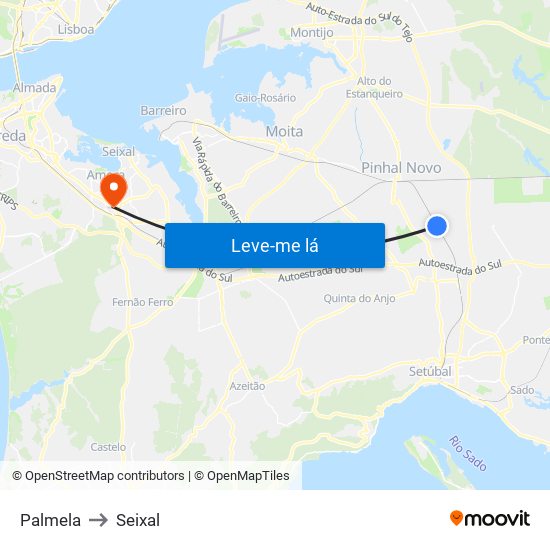 Palmela to Seixal map