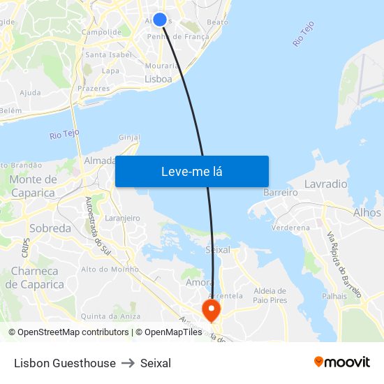 Lisbon Guesthouse to Seixal map