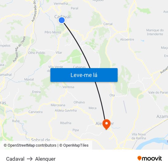 Cadaval to Alenquer map