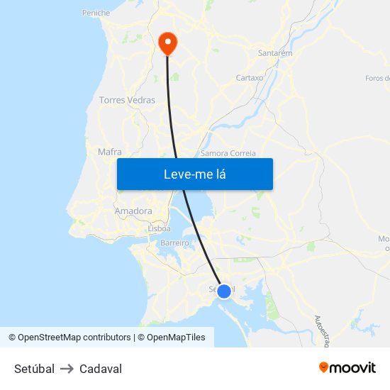 Setúbal to Cadaval map