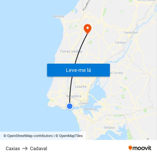 Caxias to Cadaval map