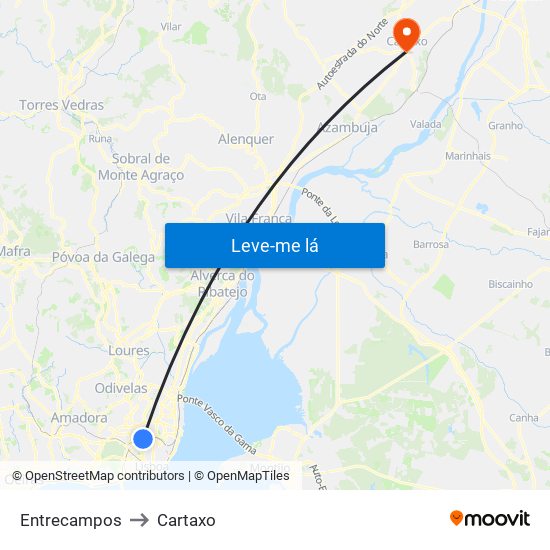Entrecampos to Cartaxo map