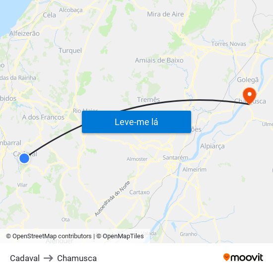 Cadaval to Chamusca map