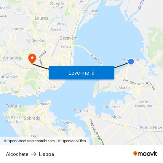Alcochete to Lisboa map