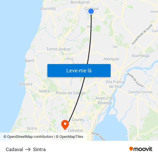 Cadaval to Sintra map