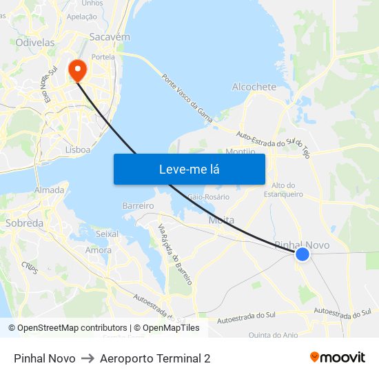 Pinhal Novo to Aeroporto Terminal 2 map