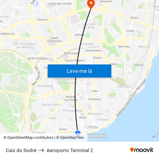 Cais Do Sodré to Aeroporto Terminal 2 map