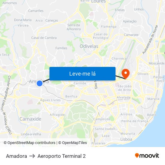 Amadora to Aeroporto Terminal 2 map