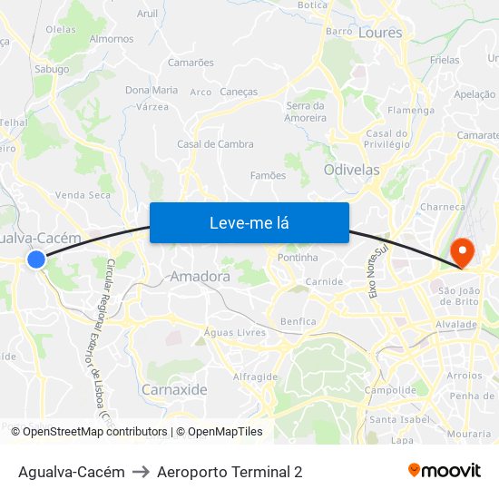 Agualva-Cacém to Aeroporto Terminal 2 map