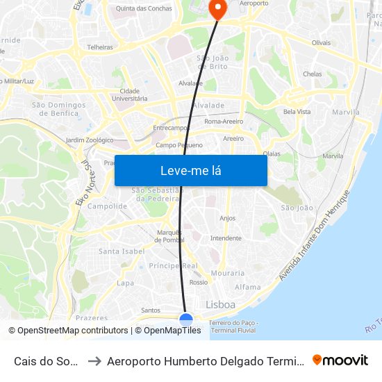 Cais Do Sodré to Aeroporto Humberto Delgado Terminal 2 map