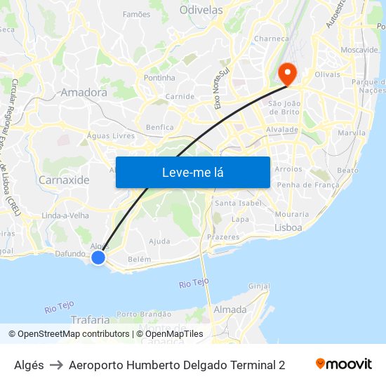 Algés to Aeroporto Humberto Delgado Terminal 2 map