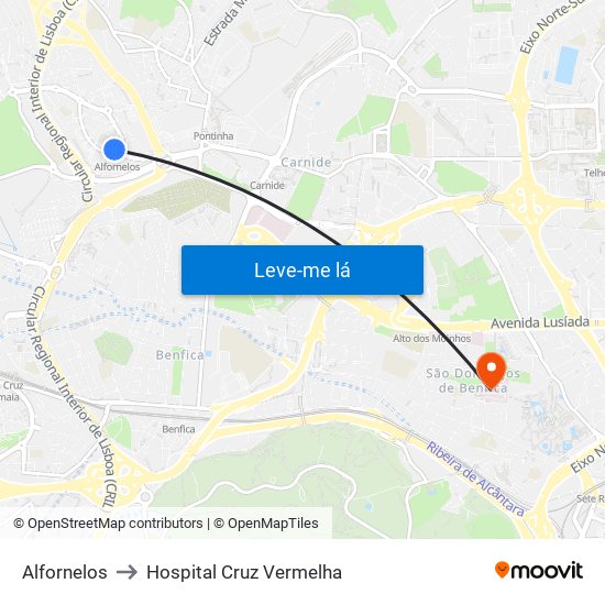 Alfornelos to Hospital Cruz Vermelha map