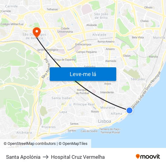 Santa Apolónia to Hospital Cruz Vermelha map