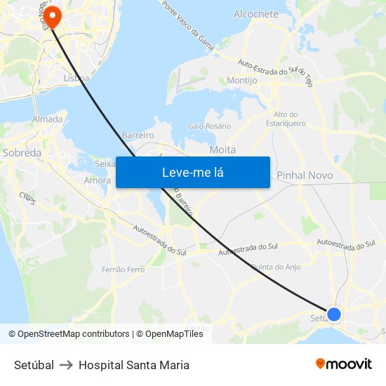 Setúbal to Hospital Santa Maria map