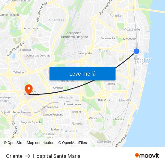 Oriente to Hospital Santa Maria map