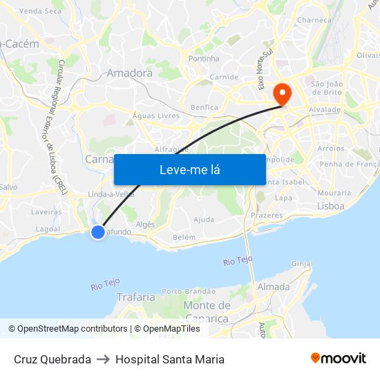 Cruz Quebrada to Hospital Santa Maria map