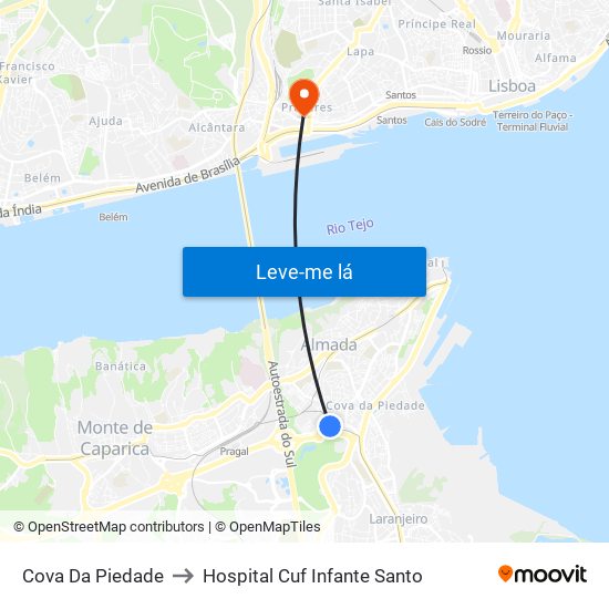 Cova Da Piedade to Hospital Cuf Infante Santo map