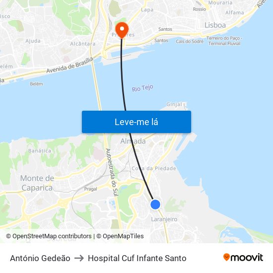 António Gedeão to Hospital Cuf Infante Santo map