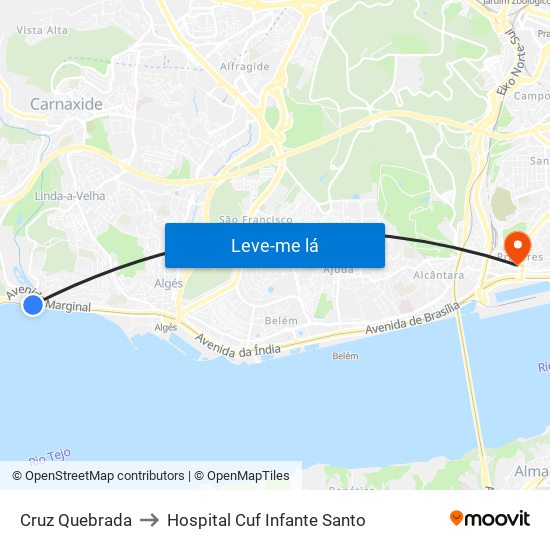 Cruz Quebrada to Hospital Cuf Infante Santo map