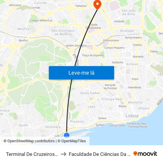 Terminal De Cruzeiros (Alcântara) / Docas to Faculdade De Ciências Da Universidade De Lisboa map