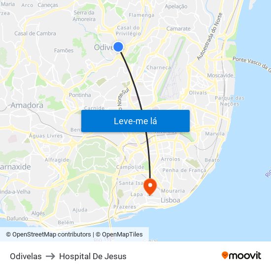 Odivelas to Hospital De Jesus map