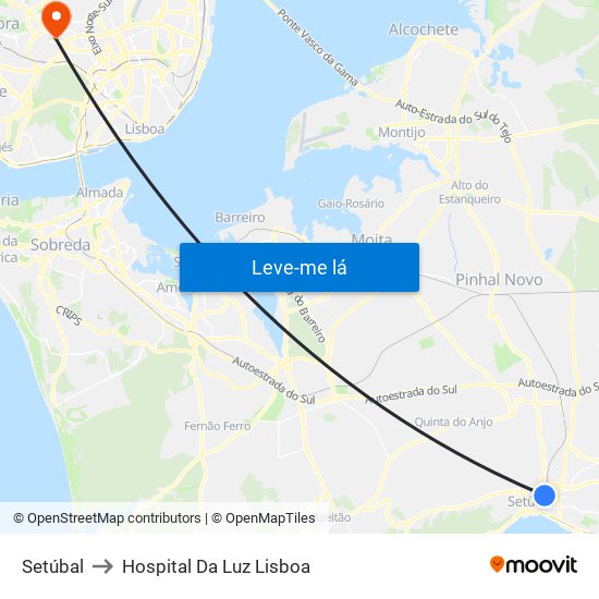 Setúbal to Hospital Da Luz Lisboa map