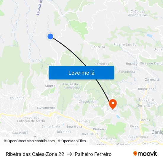 Ribeira das Cales-Zona 22 to Palheiro Ferreiro map