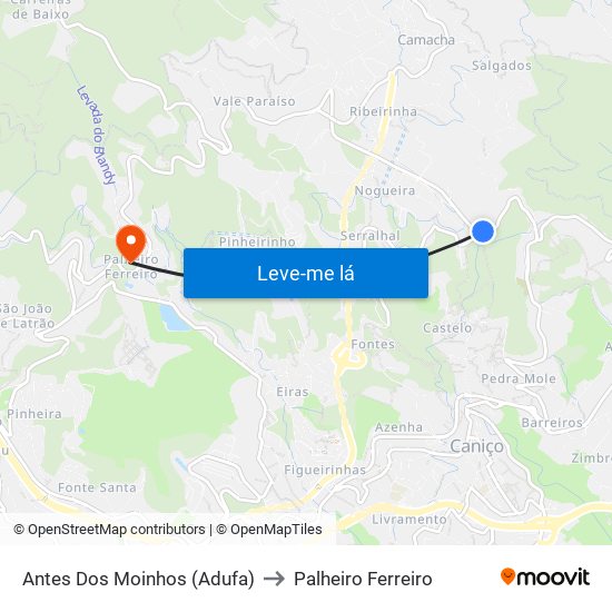 Antes Dos Moinhos (Adufa) to Palheiro Ferreiro map