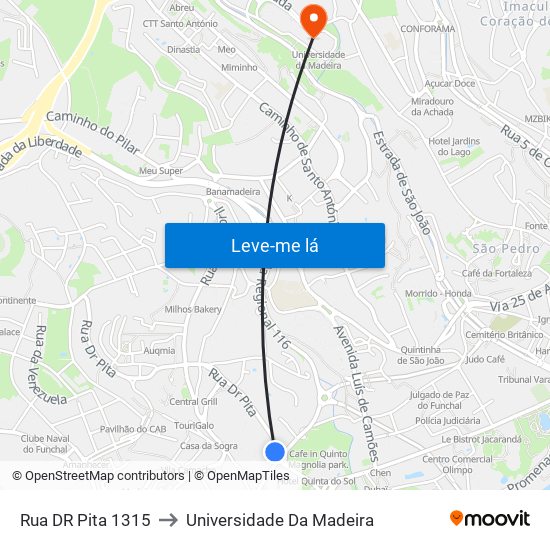 Rua DR Pita 1315 to Universidade Da Madeira map