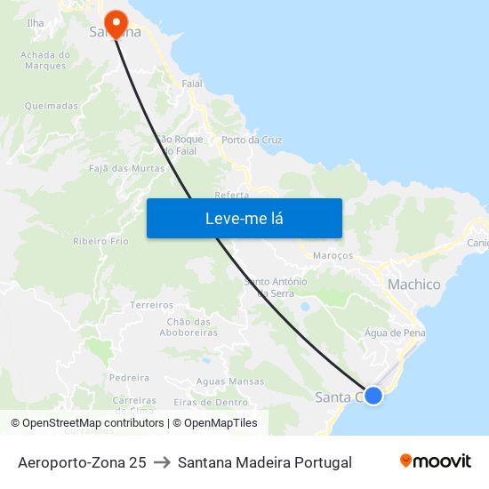 Aeroporto-Zona 25 to Santana Madeira Portugal map