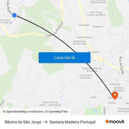 Ribeira de São Jorge to Santana Madeira Portugal map