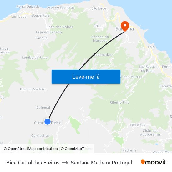 Bica-Curral das Freiras to Santana Madeira Portugal map