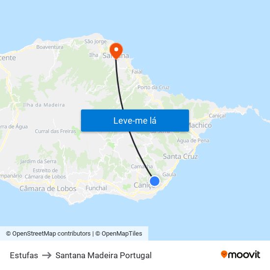 Estufas to Santana Madeira Portugal map