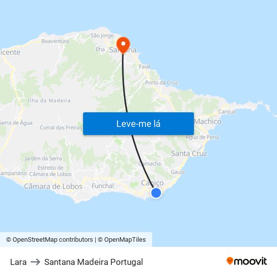 Lara to Santana Madeira Portugal map