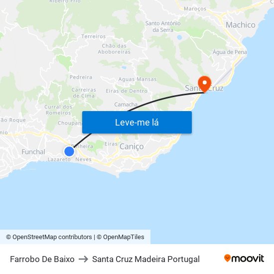 Farrobo De Baixo to Santa Cruz Madeira Portugal map