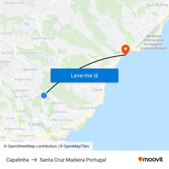 Capelinha to Santa Cruz Madeira Portugal map
