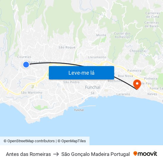 Antes das Romeiras to São Gonçalo Madeira Portugal map