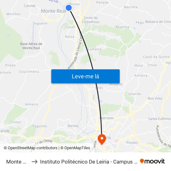 Monte Real to Instituto Politécnico De Leiria - Campus 1 Esecs map