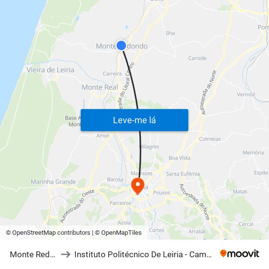 Monte Redondo to Instituto Politécnico De Leiria - Campus 1 Esecs map