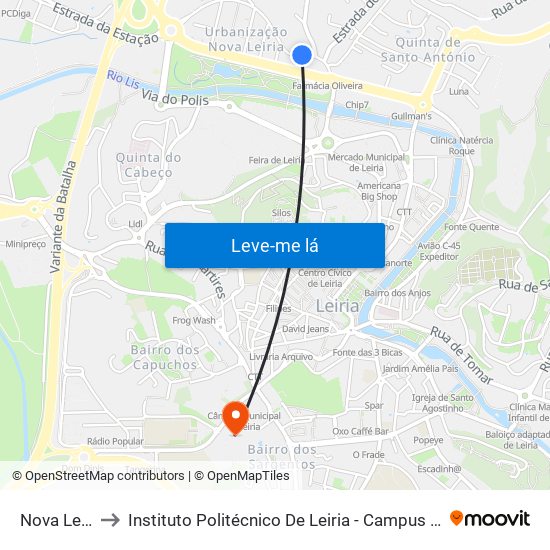 Nova Leiria to Instituto Politécnico De Leiria - Campus 1 Esecs map