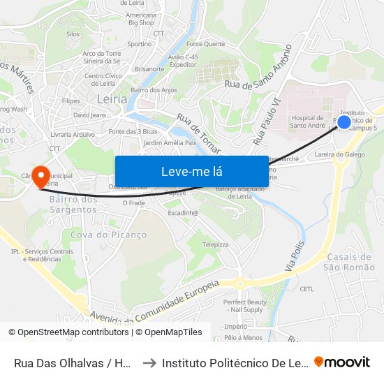 Rua Das Olhalvas / Hospital Santo André to Instituto Politécnico De Leiria - Campus 1 Esecs map