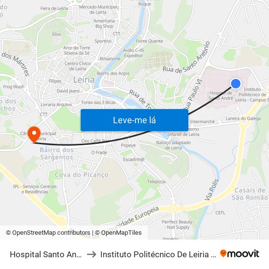 Hospital Santo André (Visitas) to Instituto Politécnico De Leiria - Campus 1 Esecs map