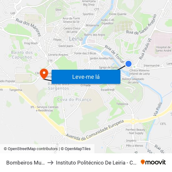 Bombeiros Municipais to Instituto Politécnico De Leiria - Campus 1 Esecs map