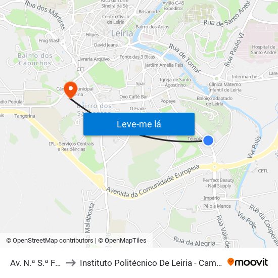 Av. N.ª S.ª Fátima to Instituto Politécnico De Leiria - Campus 1 Esecs map