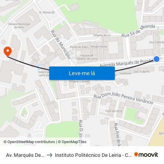 Av. Marquês De Pombal to Instituto Politécnico De Leiria - Campus 1 Esecs map