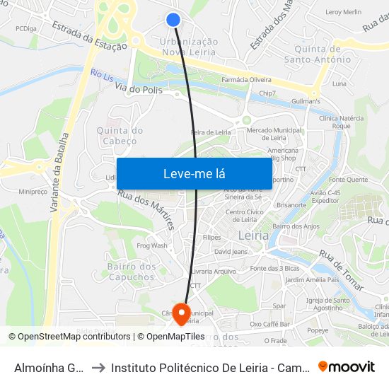 Almoínha Grande to Instituto Politécnico De Leiria - Campus 1 Esecs map