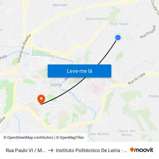 Rua Paulo VI / Marinheiros to Instituto Politécnico De Leiria - Campus 1 Esecs map