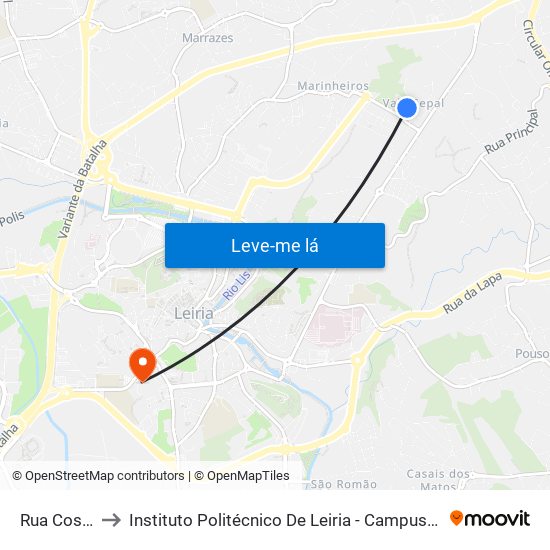 Rua Costas to Instituto Politécnico De Leiria - Campus 1 Esecs map